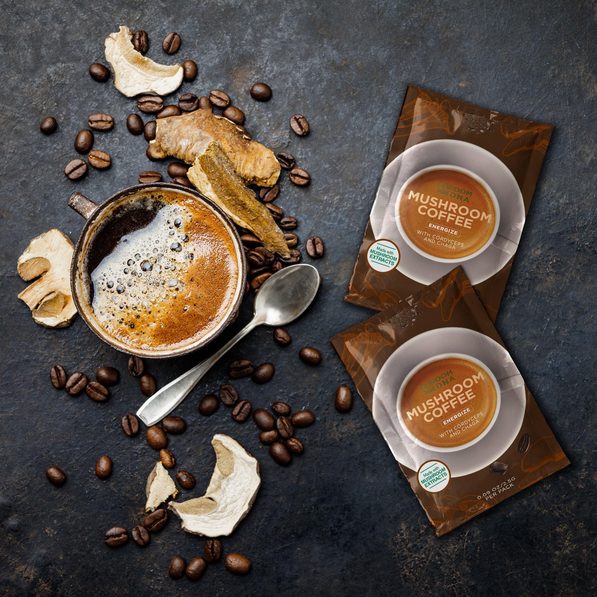 Steaming mug of ShroomDNA evokes a mindful morning ritual.