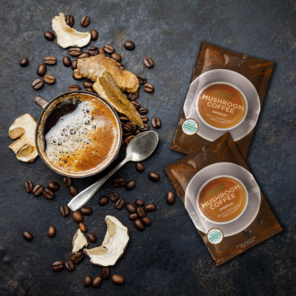 Steaming mug of ShroomDNA evokes a mindful morning ritual.