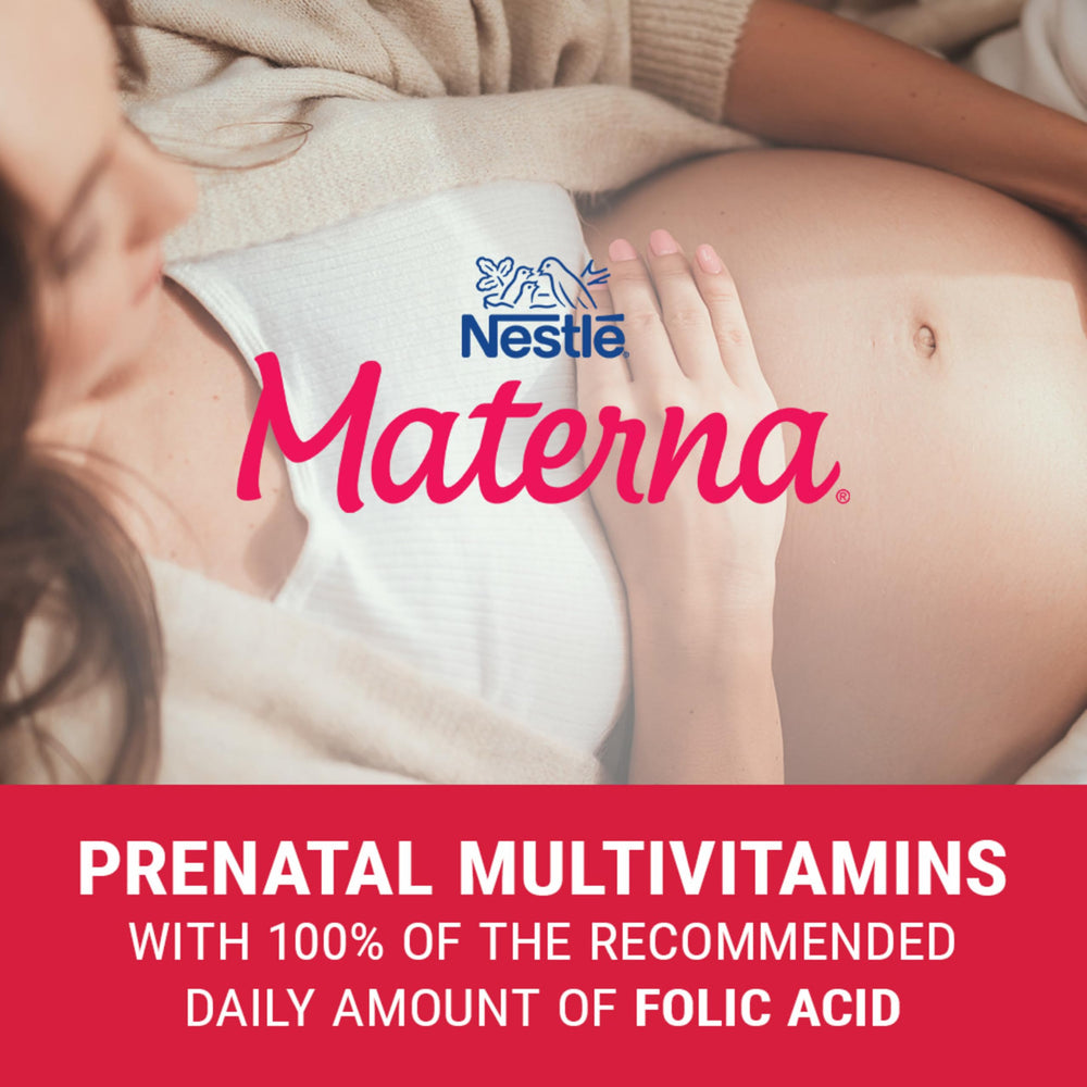 Materna Nestlé Prenatal bottle cap showing easy dosage with food.