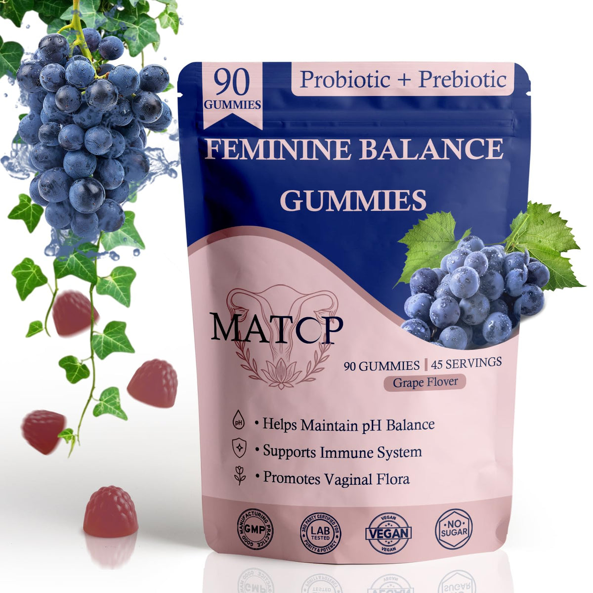 MATOP Premium Feminine Balance Gummies bottle closeup demonstrates daily use.