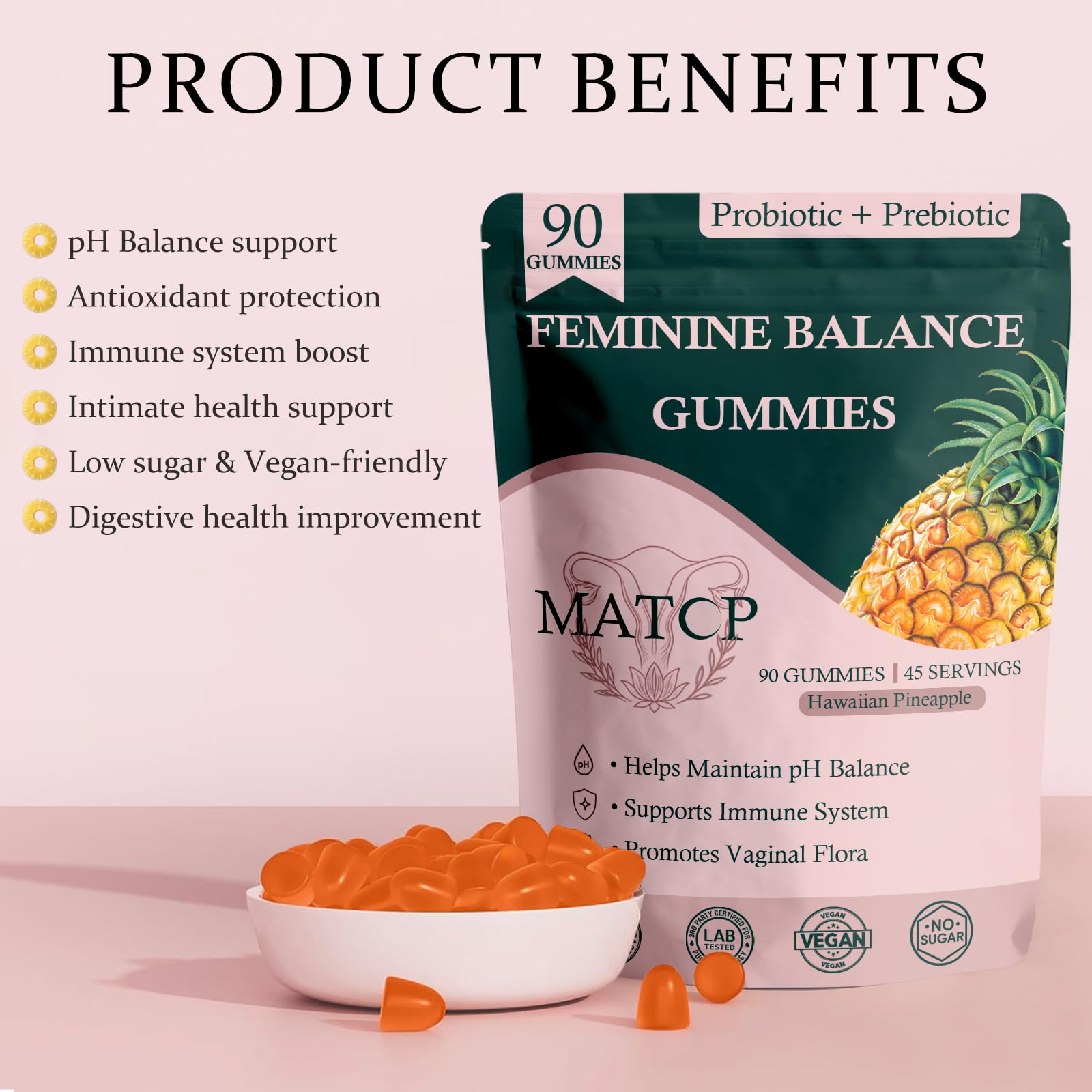 MATOP label closeup shows probiotic and prebiotic blend for pH balance support.