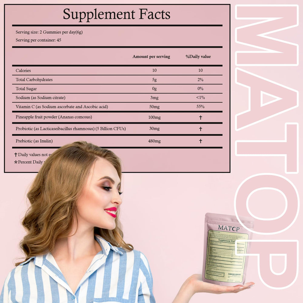 MATOP gummies showing 5B CFU probiotic blend and prebiotic fiber for digestive comfort.