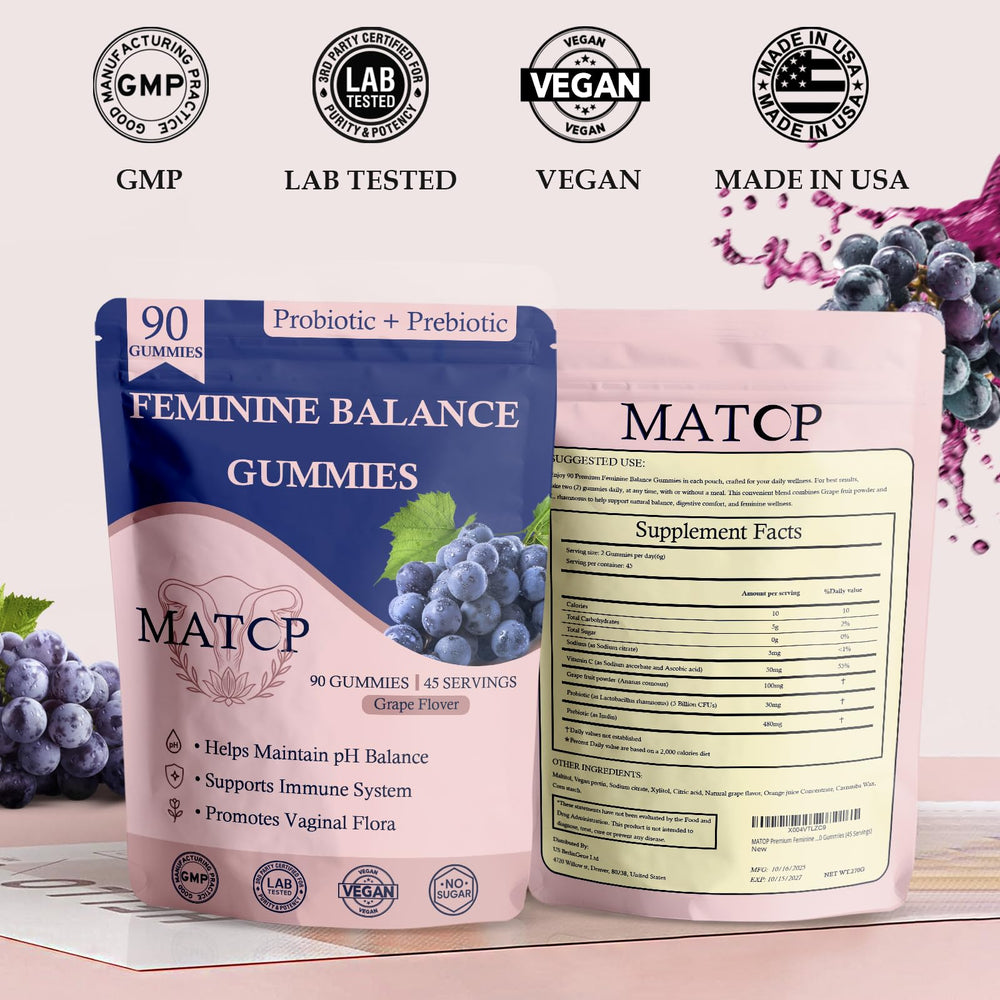 MATOP Premium Feminine Balance Gummies resealable pouch on display supports convenient wellness.