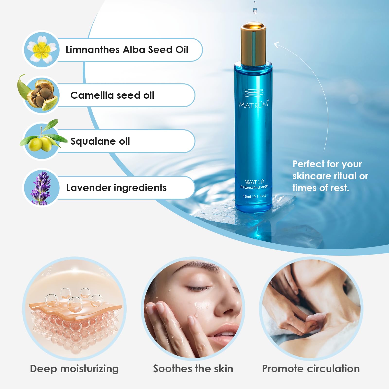 MATRÚM face oil roll-on cap close-up showing silky texture.