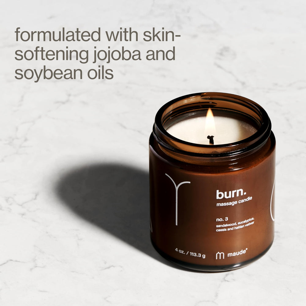 Maude Burn No. 3 fragrance close-up highlights eucalyptus and sandalwood notes.