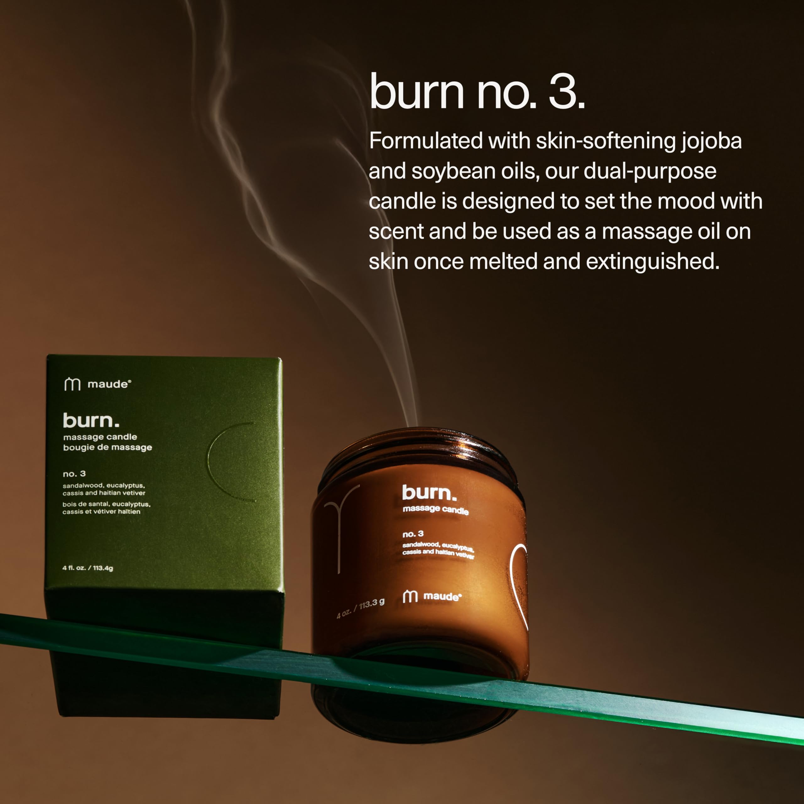 Maude Burn No. 3 massage application demonstrates warm oil for at-home spa therapy.