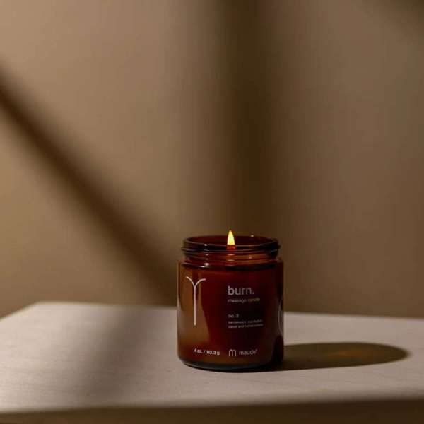 Maude Burn No. 3 melted oil pour shown as soothing massage base with eucalyptus and sandalwood.