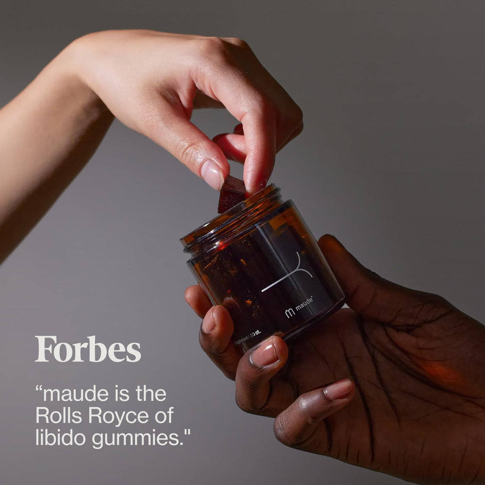 Maude libido gummies glass dish presentation suggesting discreet daily consumption.