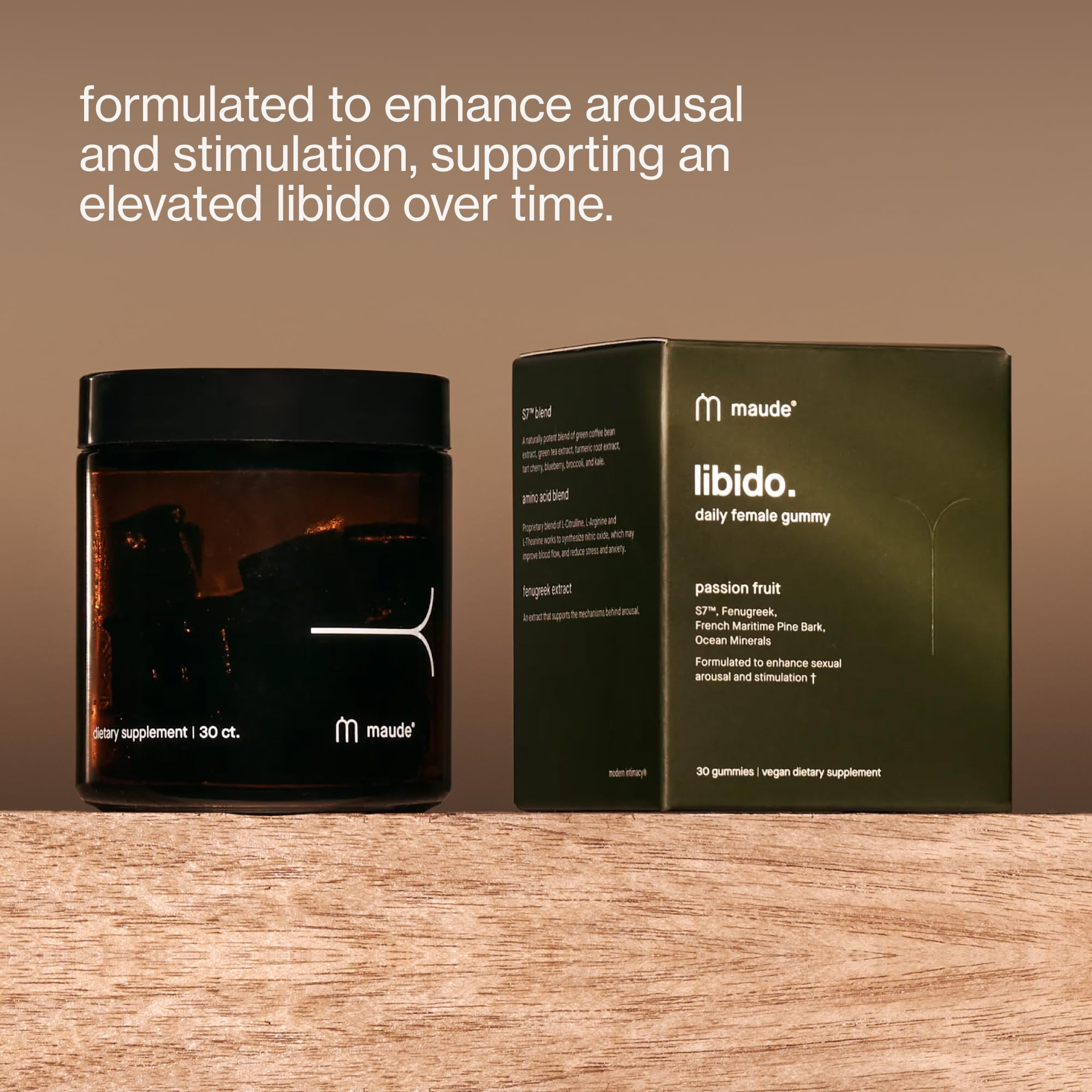 Maude libido gummies label closeup showing fenugreek and sea moss ingredients.