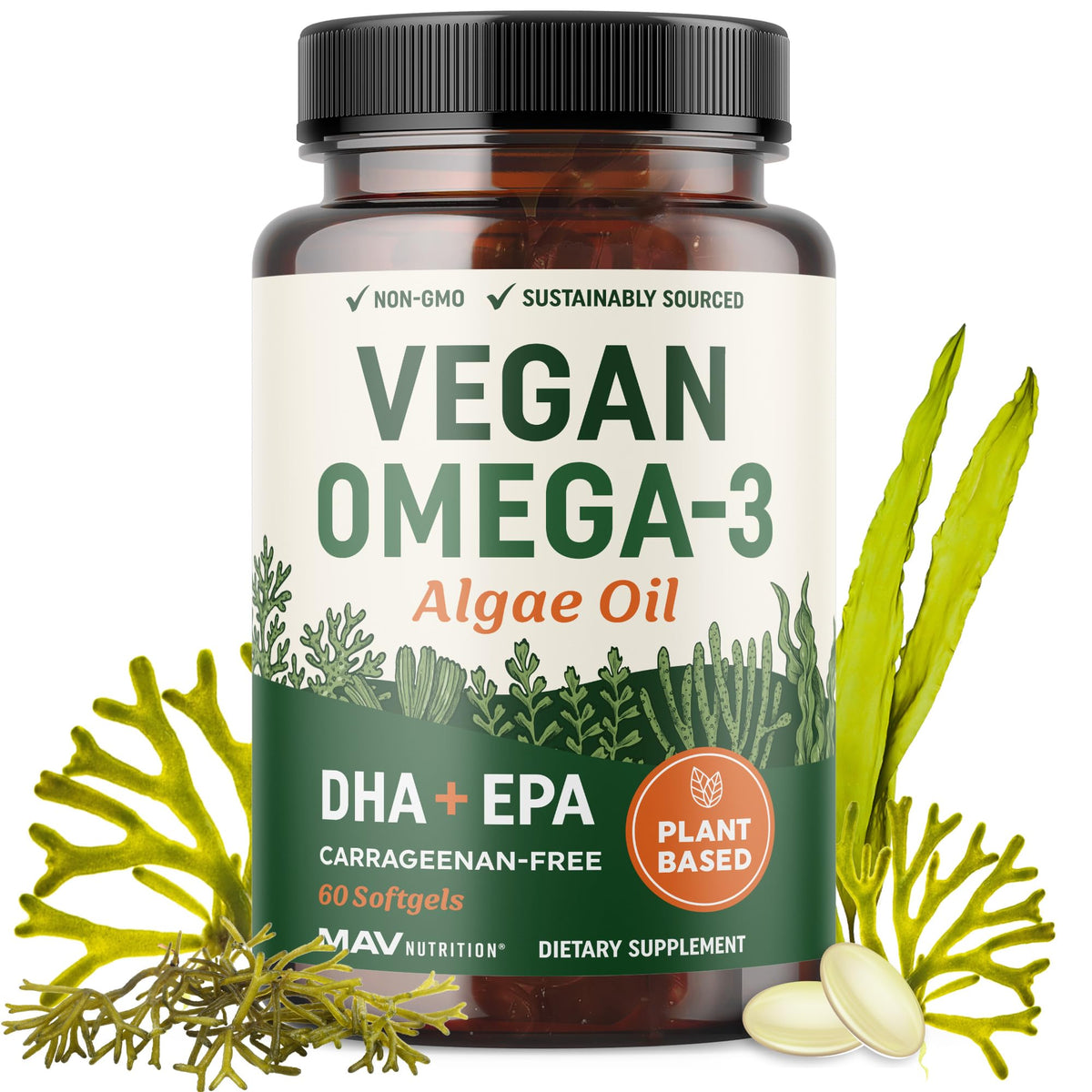 MAV Nutrition Algae Omega 3 bottle with softgels for heart health.