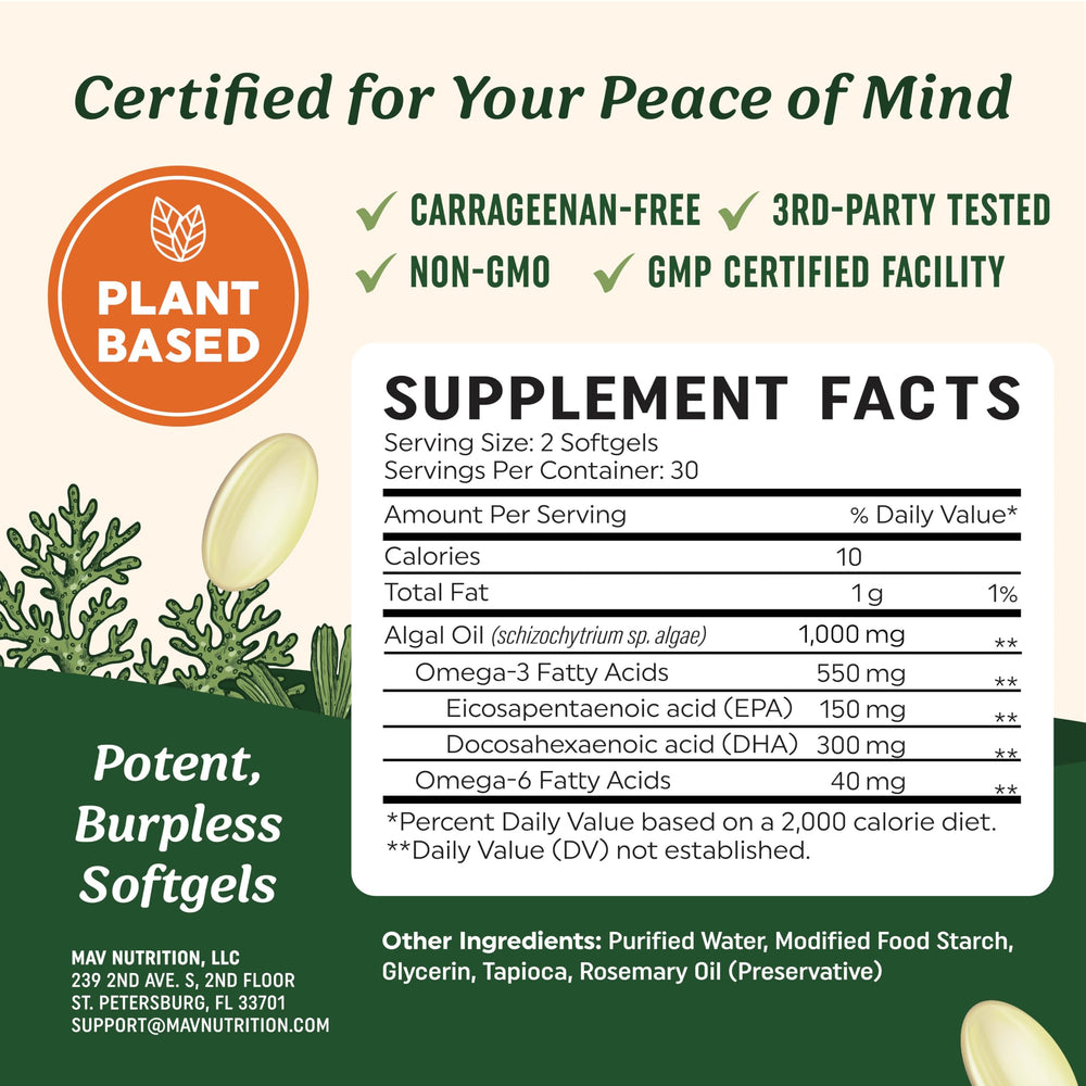 MAV Nutrition Algae Omega 3 GMP-certified facility badge on packaging.
