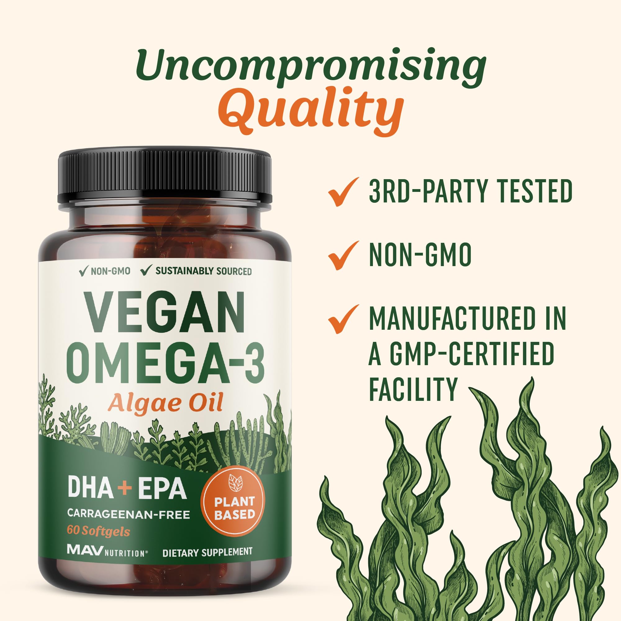 MAV Nutrition Algae Omega 3 non-GMO label on front.