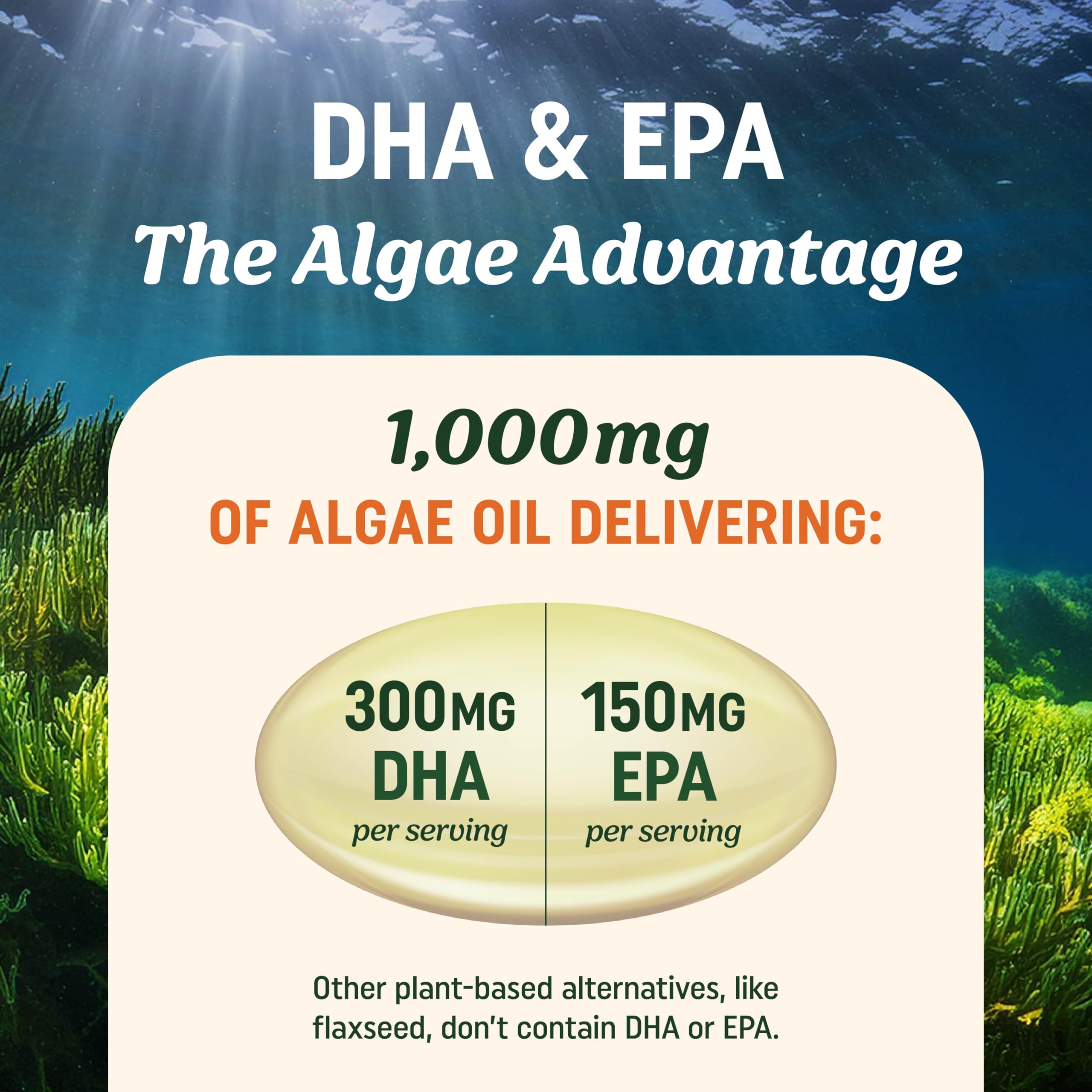 MAV Nutrition Algae Omega 3 packaging emphasizing convenient daily supplement.