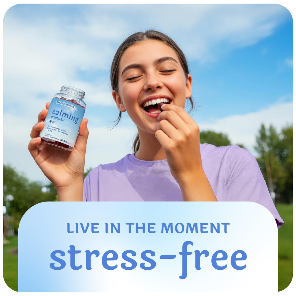 MAV Nutrition Calming Ashwagandha Gummies raspberry bite illustrating quick daily relaxation.