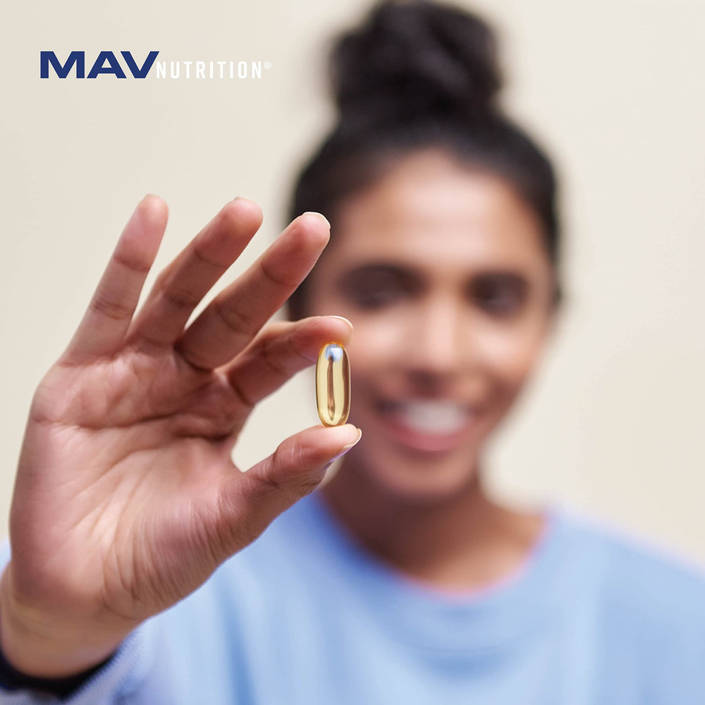 MAV Nutrition citrus-flavored softgels on plate imply pleasant, burpless taste.