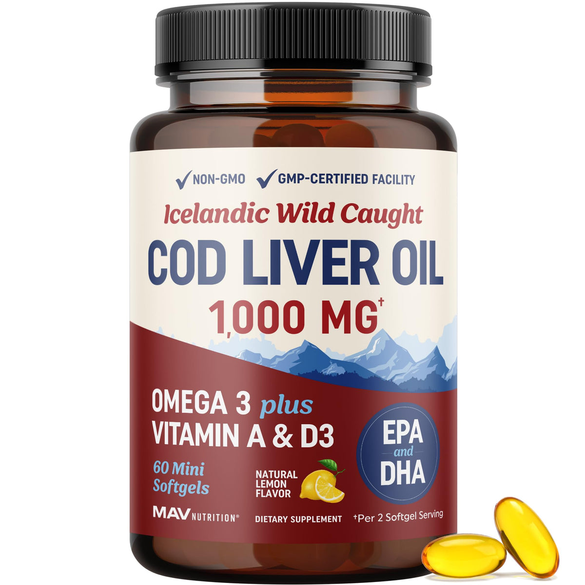 MAV Nutrition cod liver oil softgels bottle for easy daily omega-3 intake