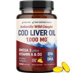 MAV Nutrition cod liver oil softgels bottle for easy daily omega-3 intake