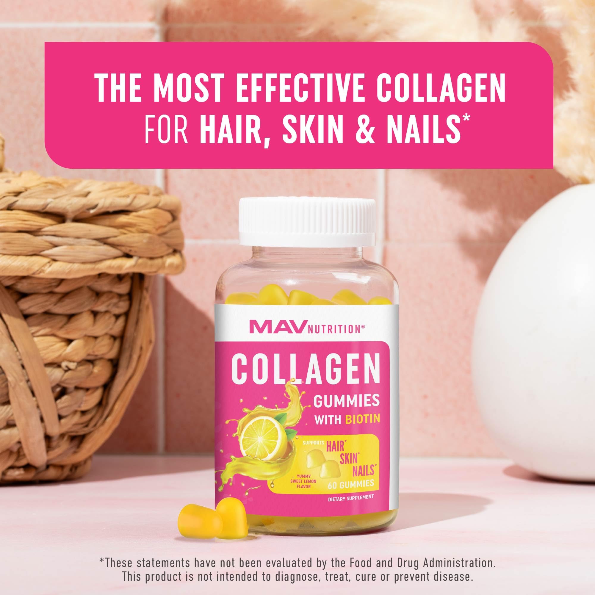 MAV Nutrition Collagen Gummies for Women bottle highlighting biotin and collagen for beauty support