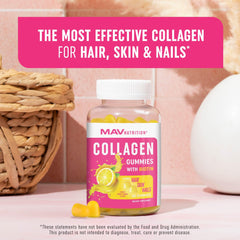 MAV Nutrition Collagen Gummies for Women bottle highlighting biotin and collagen for beauty support