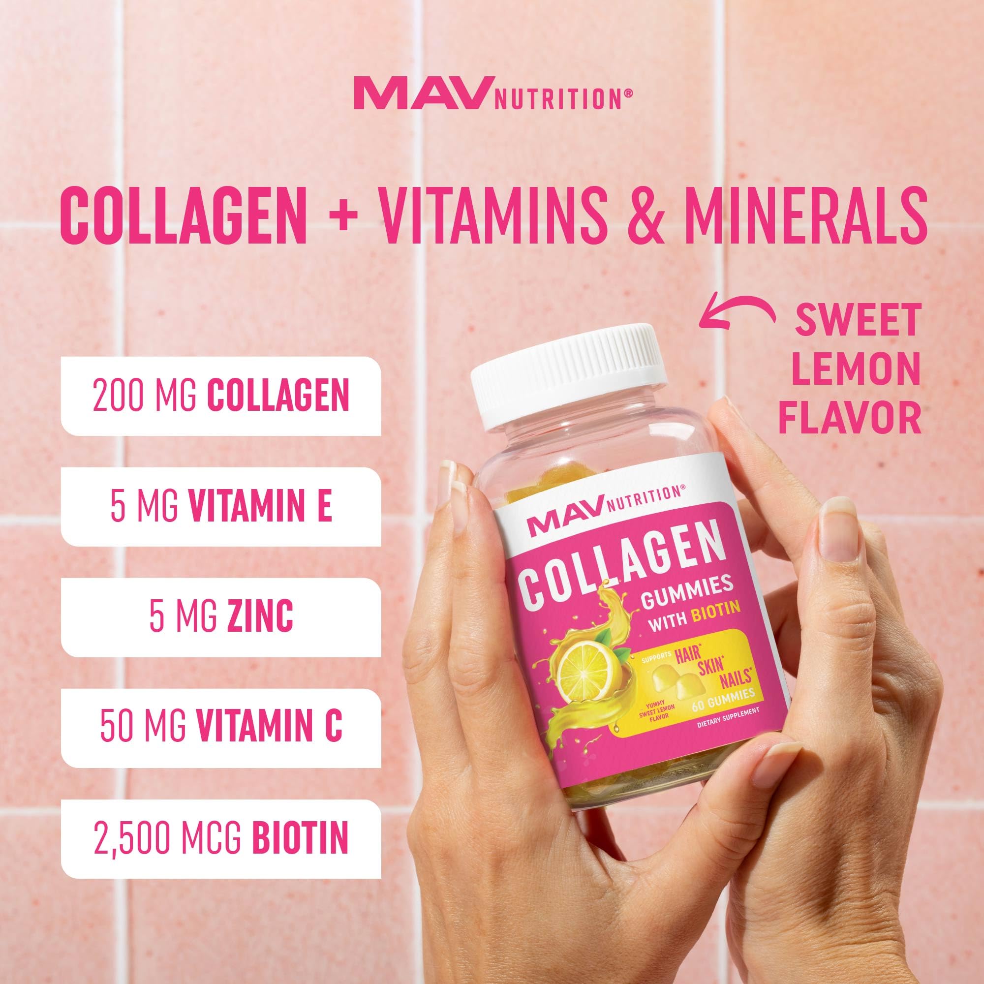 MAV Nutrition Collagen Gummies for Women bottle label emphasizes Vitamin C and Zinc for skin support