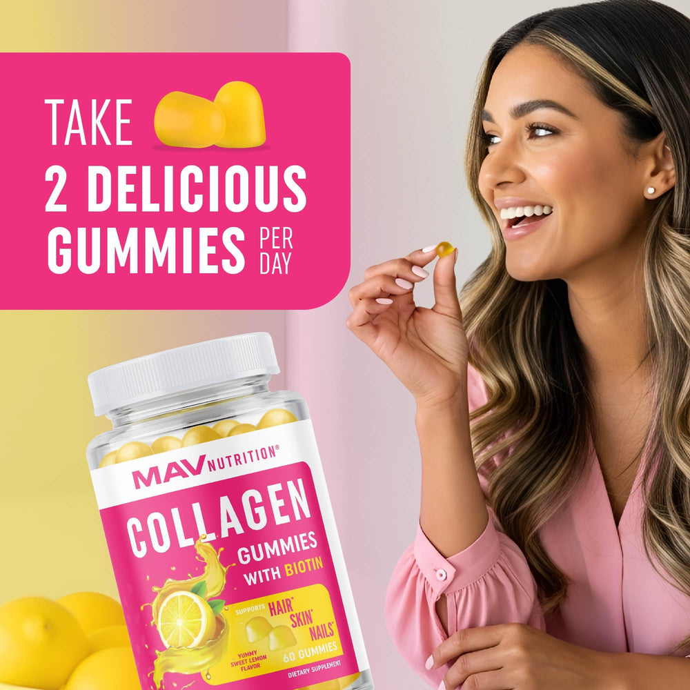 MAV Nutrition Collagen Gummies for Women next to smoothie and vitamins, daily beauty ritual