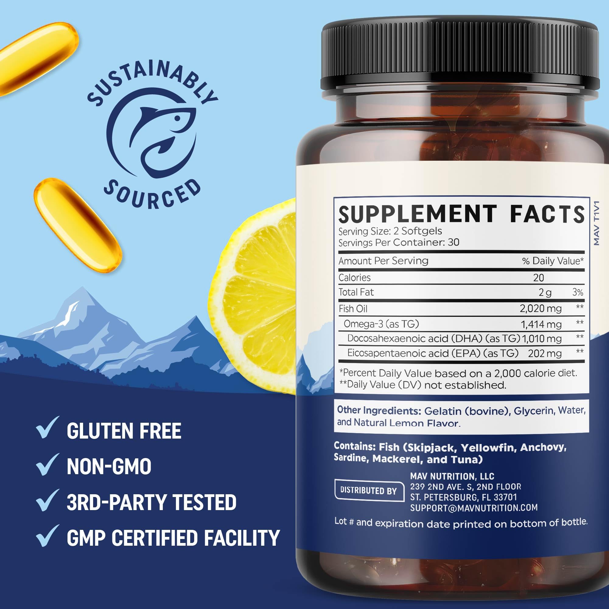 MAV Nutrition DHA Ultra packaging twist reveals gluten-free and non-GMO notes.