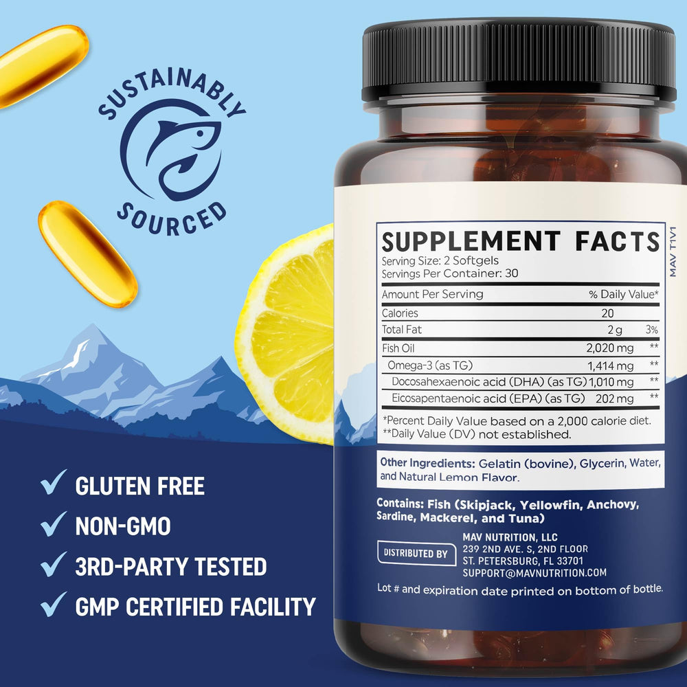 MAV Nutrition DHA Ultra packaging twist reveals gluten-free and non-GMO notes.