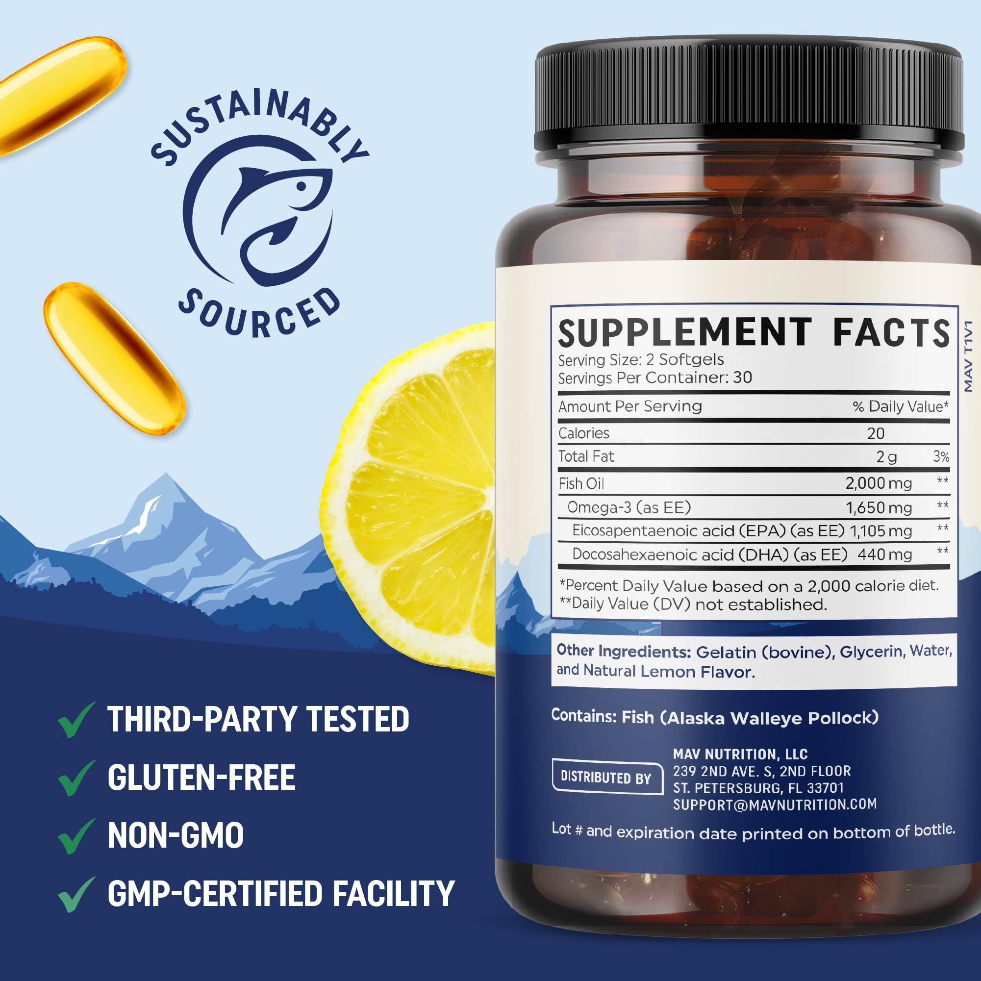 MAV Nutrition EPA Ultra packaging displays gluten-free and non-GMO attributes.