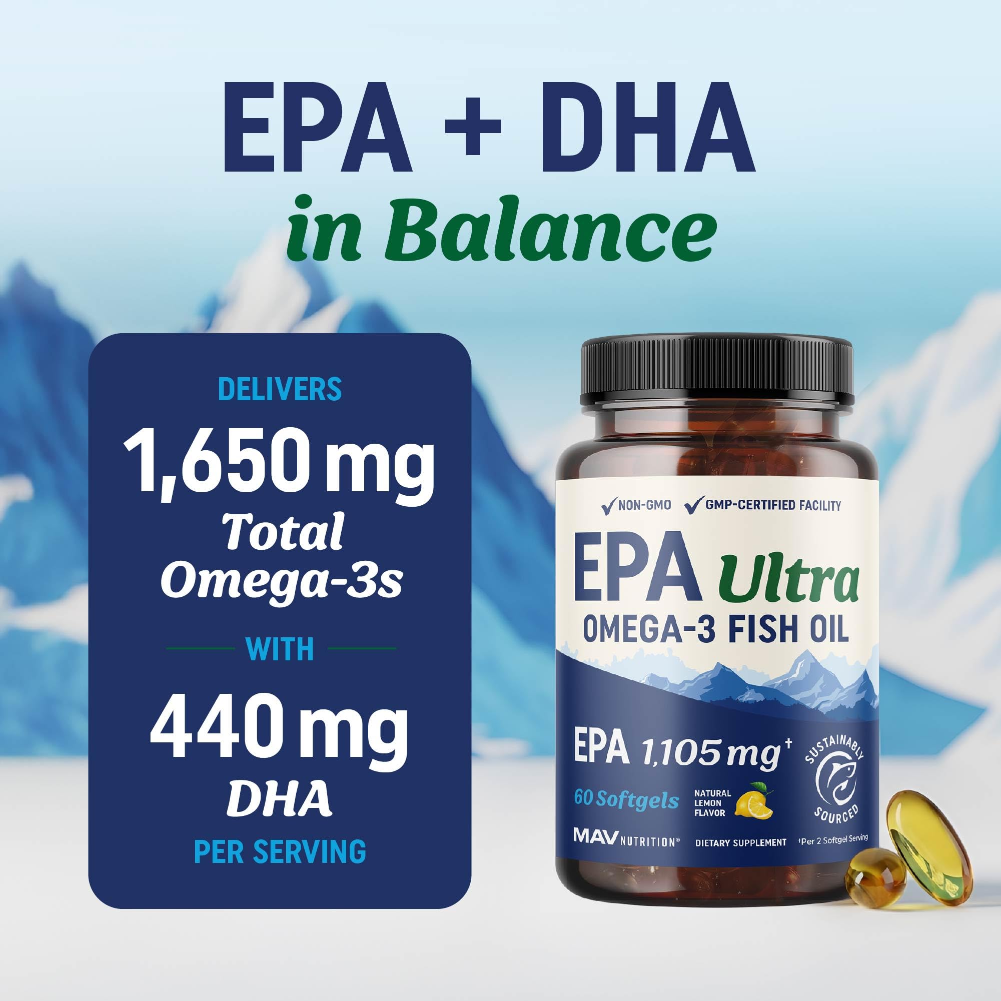 MAV Nutrition EPA Ultra lemon-flavored softgels for burpless intake.