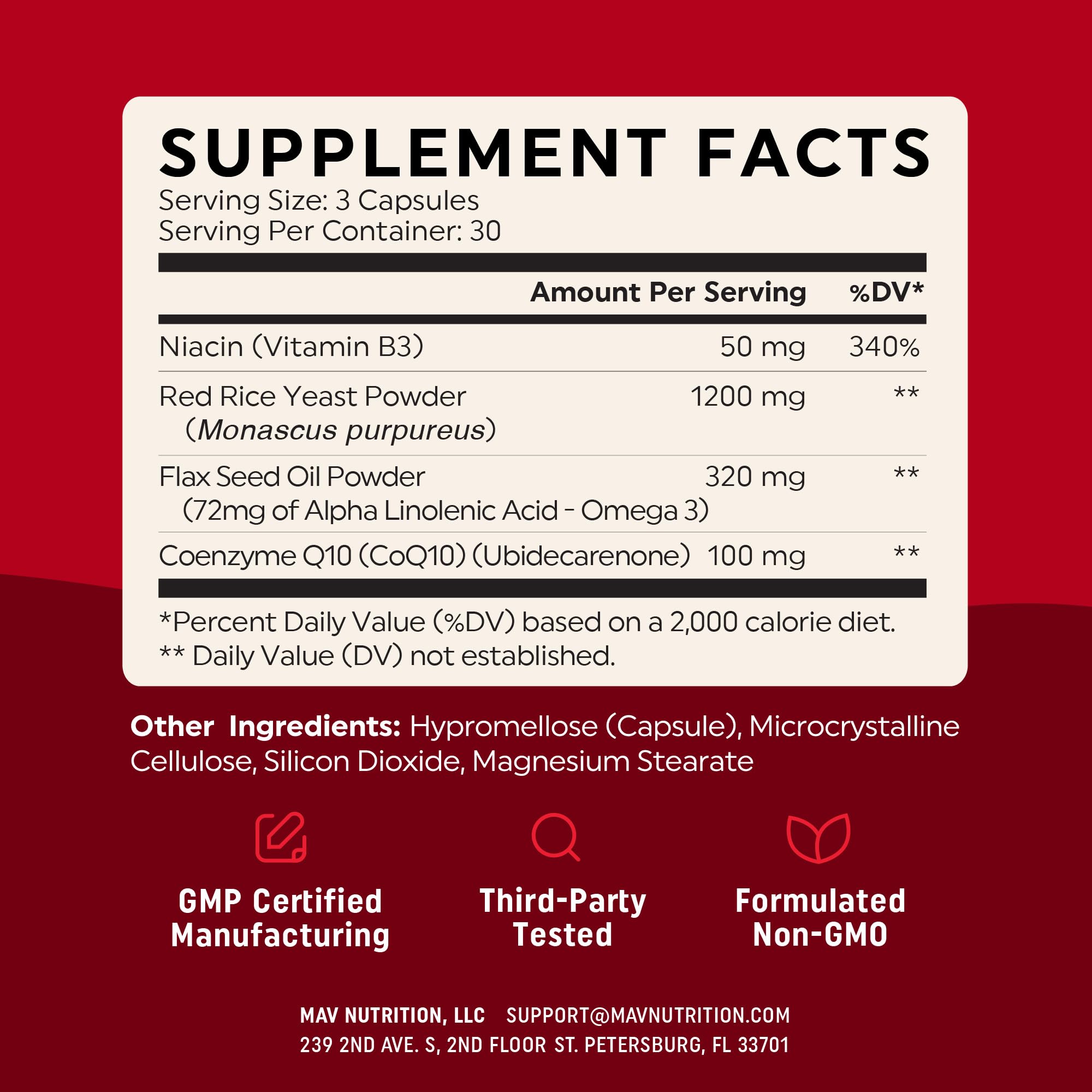 MAV Nutrition gluten-free vegan non-GMO label on packaging.