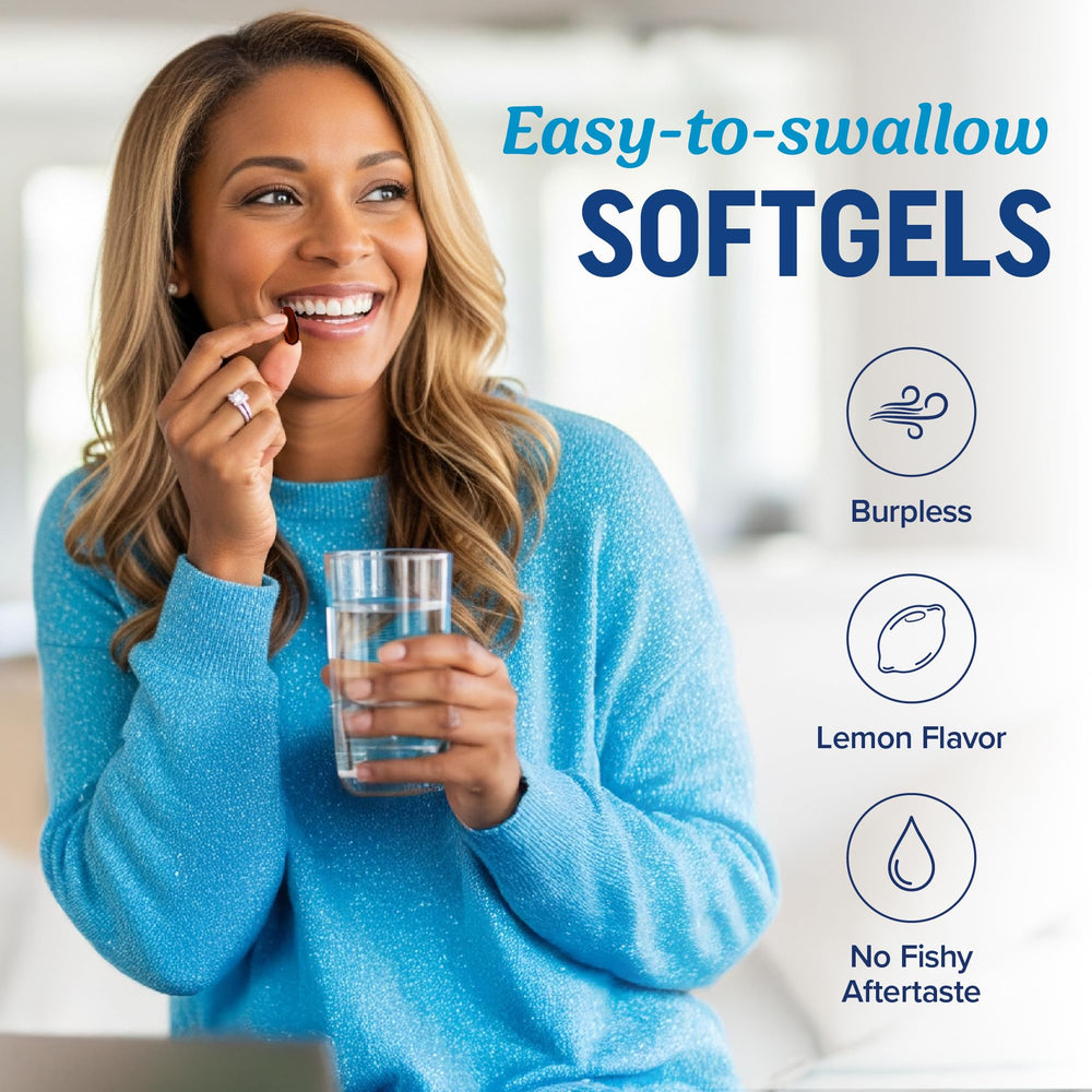MAV Nutrition Omega-3-6-9 capsules on wood surface conveys natural wellness vibe.
