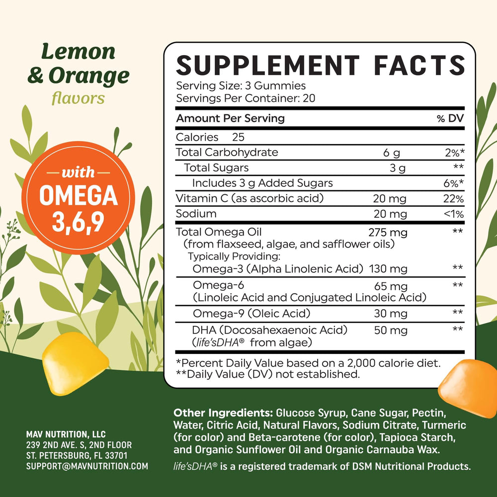MAV Nutrition Omega 3-6-9 DHA gummies with glass of water for easy daily routine.