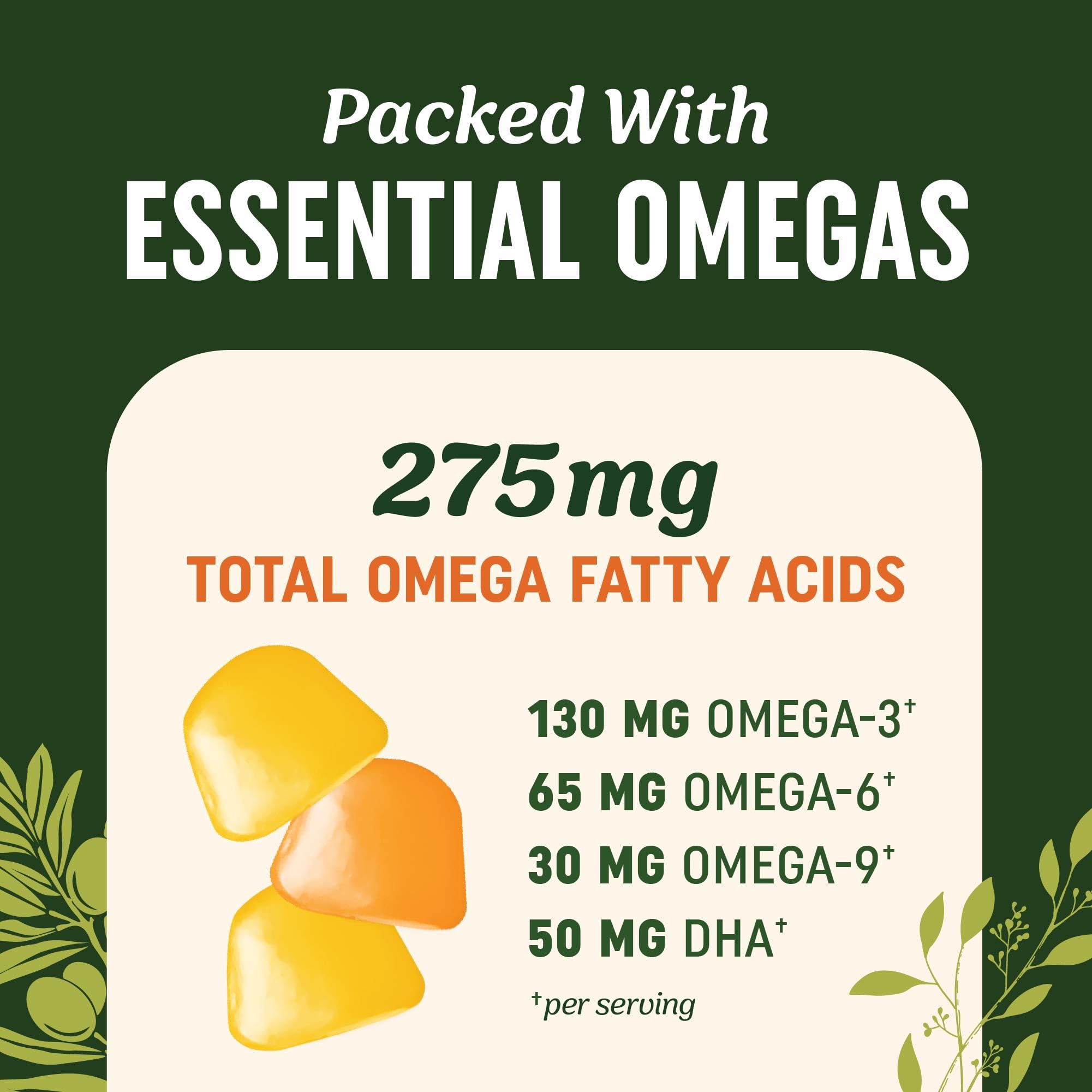 MAV Nutrition Omega 3-6-9 DHA gummies label close-up highlights vegetarian, non-GMO formulation.