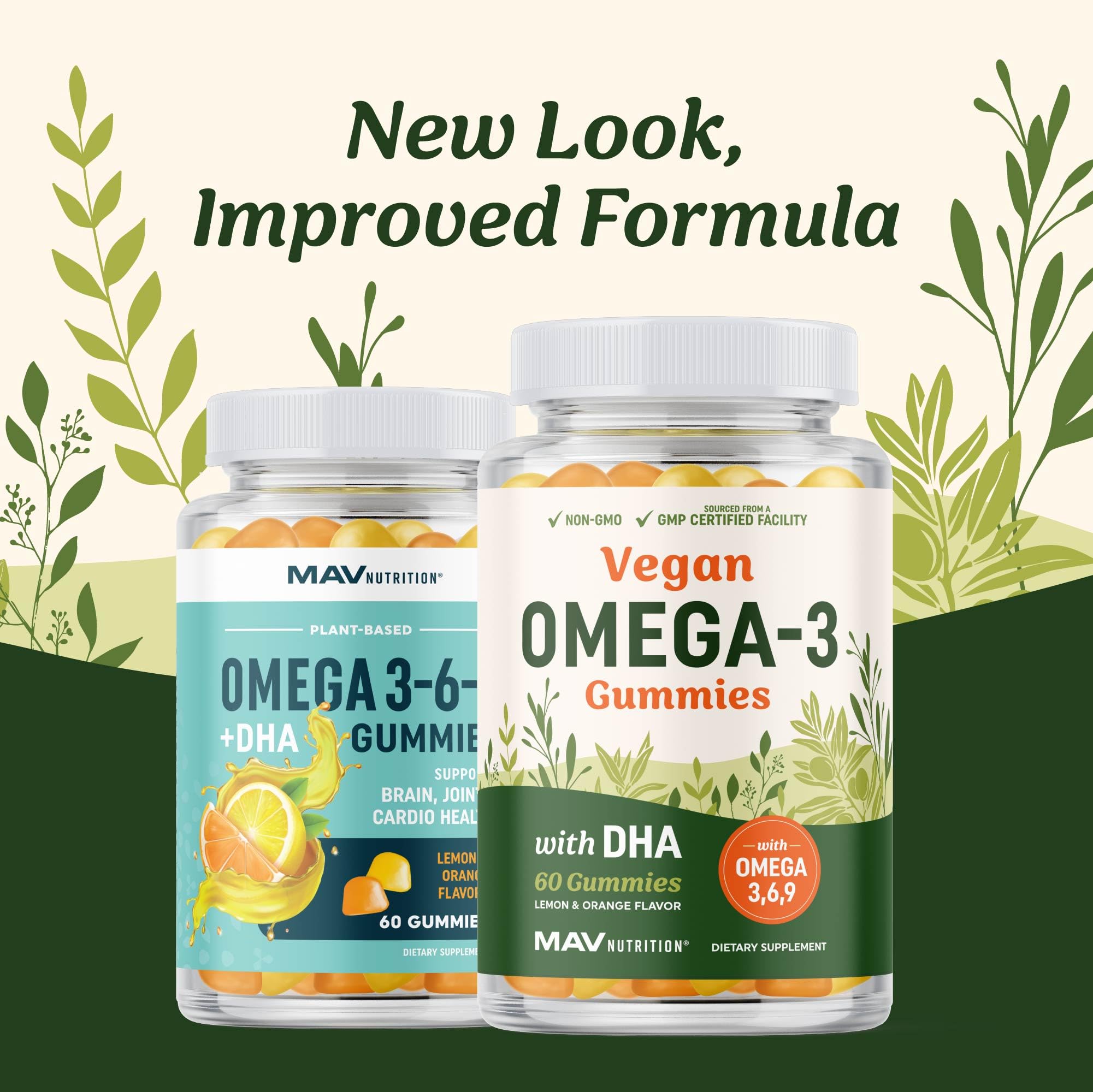 MAV Nutrition Omega 3-6-9 DHA gummies orange flavor close-up on the bottle promoting brain function.