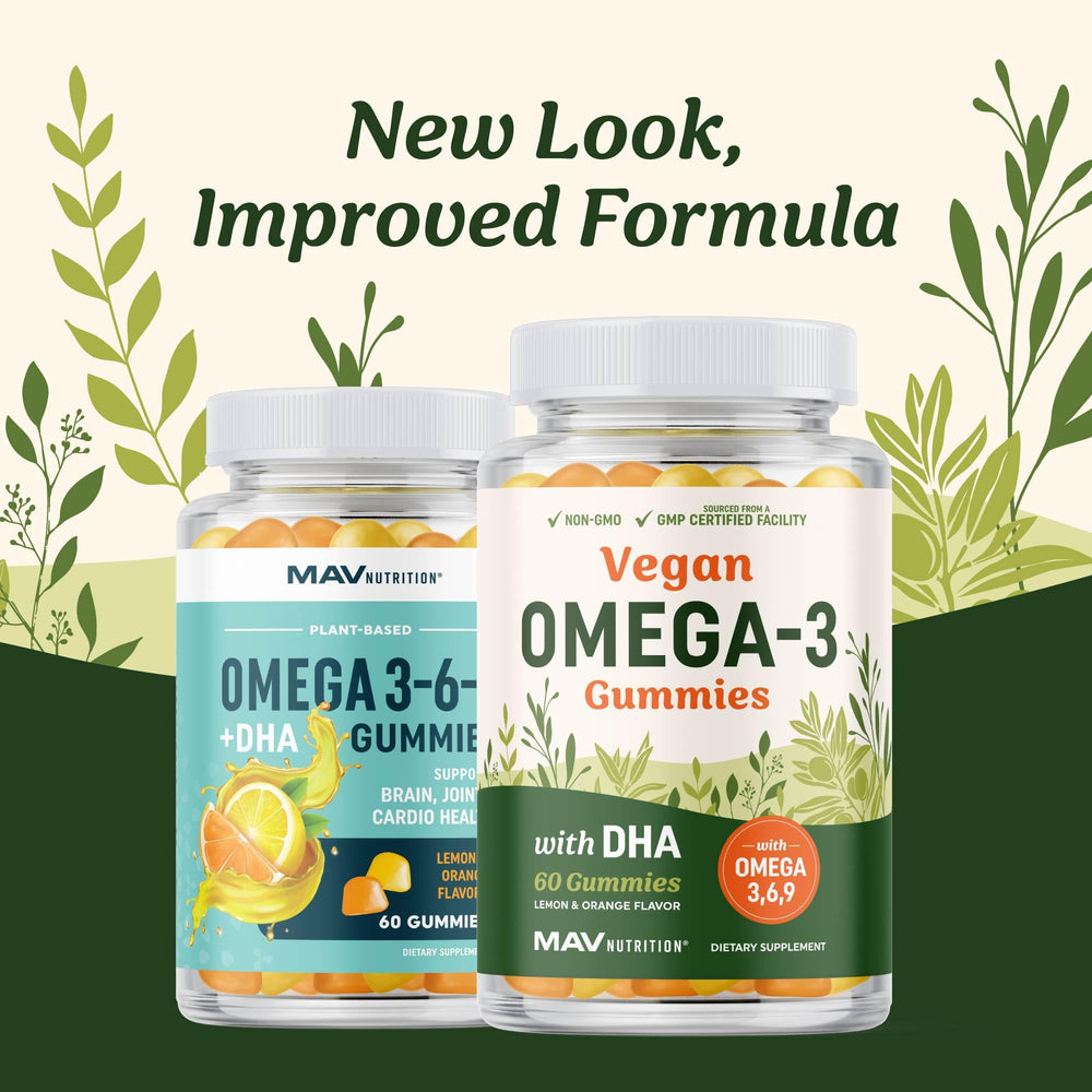 MAV Nutrition Omega 3-6-9 DHA gummies orange flavor close-up on the bottle promoting brain function.