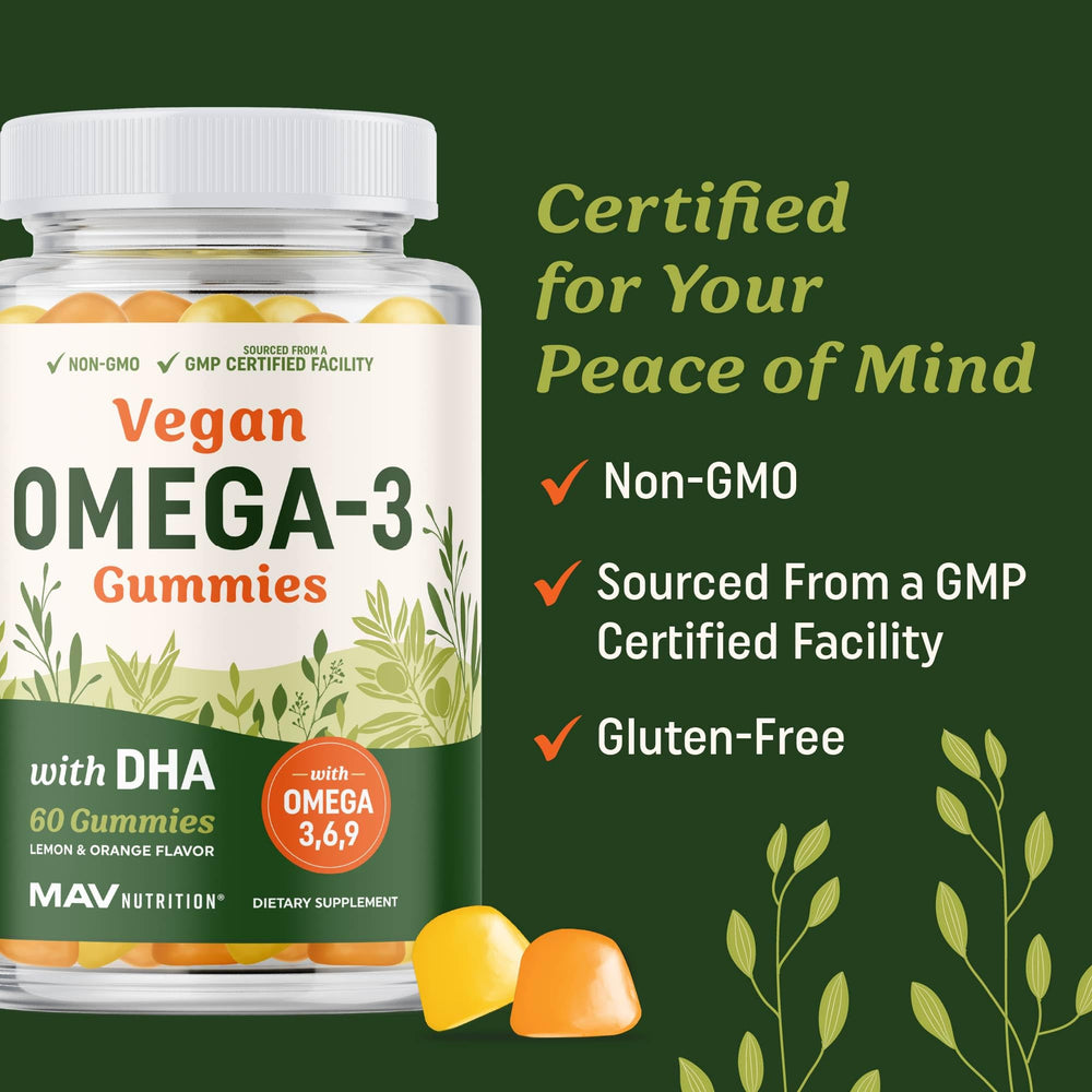 MAV Nutrition Omega 3-6-9 DHA gummies orange slices shot highlighting refreshing taste.