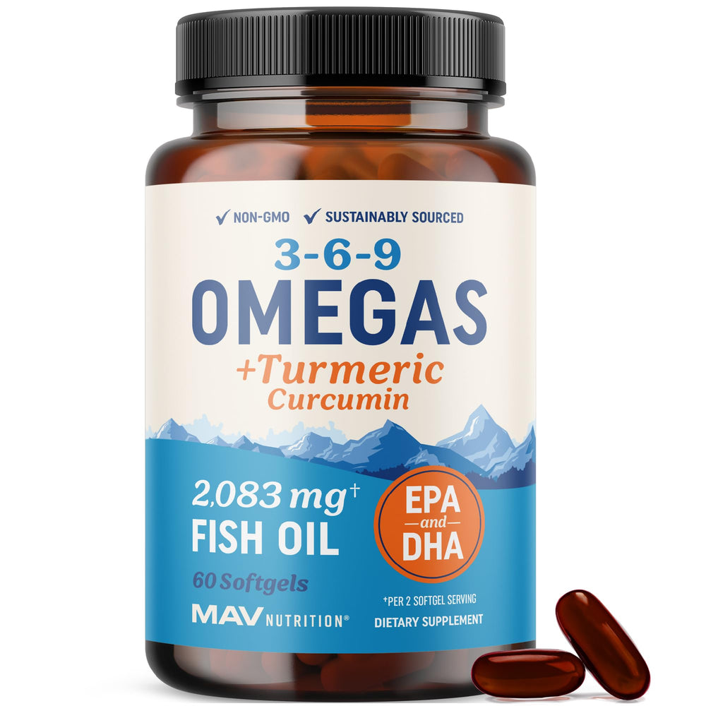 MAV Nutrition Omega 3-6-9 Turmeric bottle pour shows easy daily dosage for joint comfort.