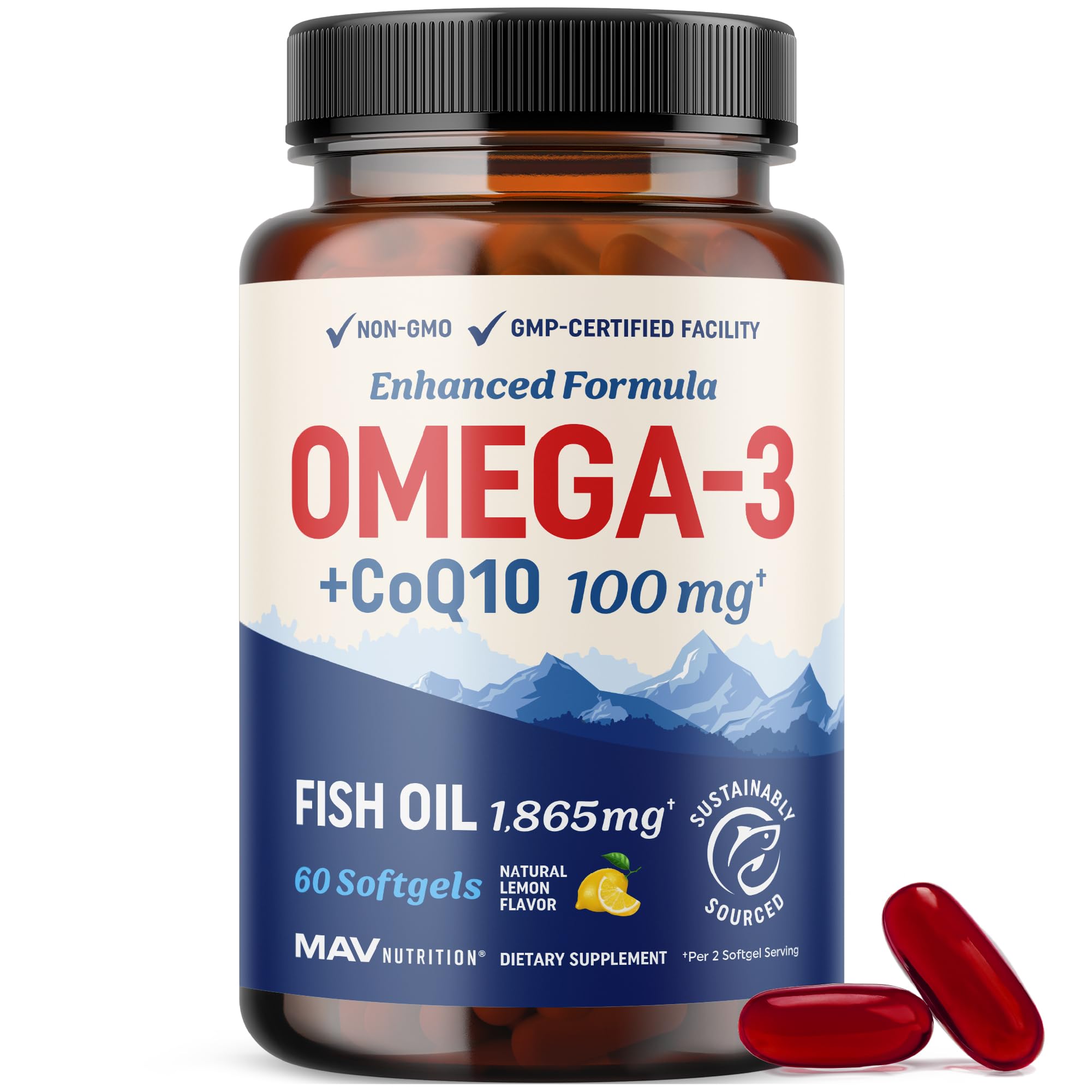 MAV Nutrition Omega3 CoQ10 bottle front for daily heart and energy support