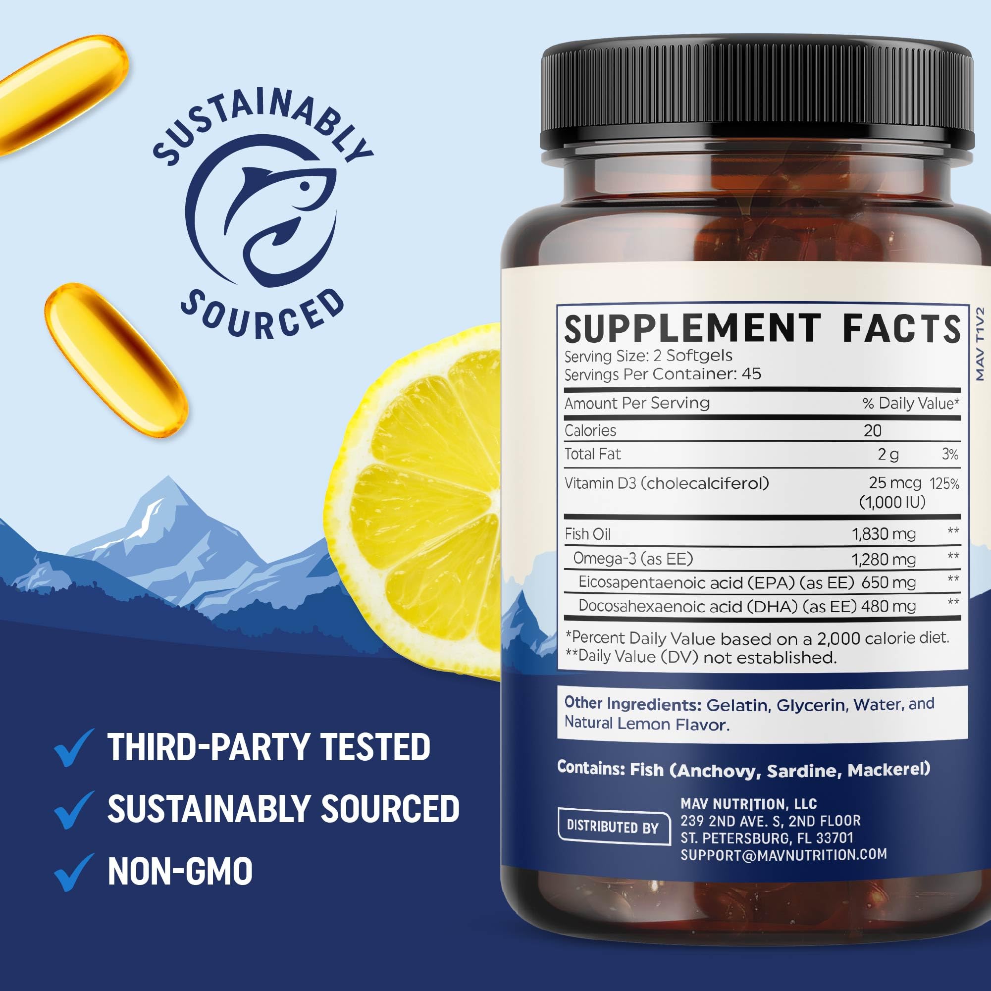 MAV Nutrition Omega-3 D3 bottle in use during daily routine.