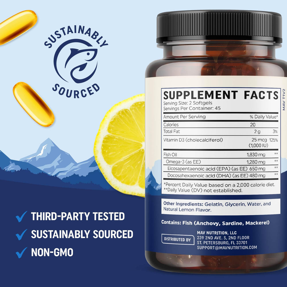 MAV Nutrition Omega-3 D3 bottle in use during daily routine.