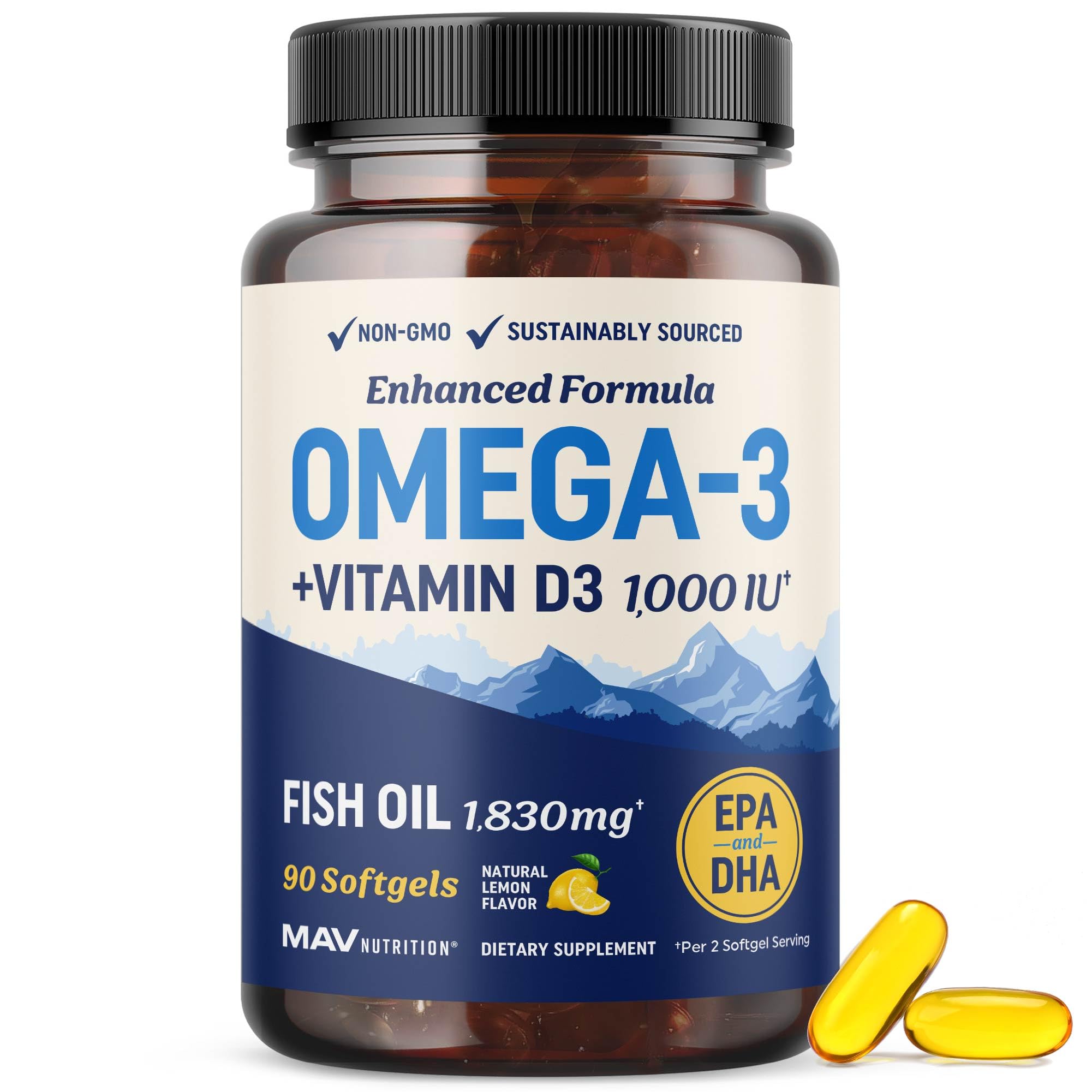 MAV Nutrition Omega-3 D3 lemon bottle front for daily heart and immune support.