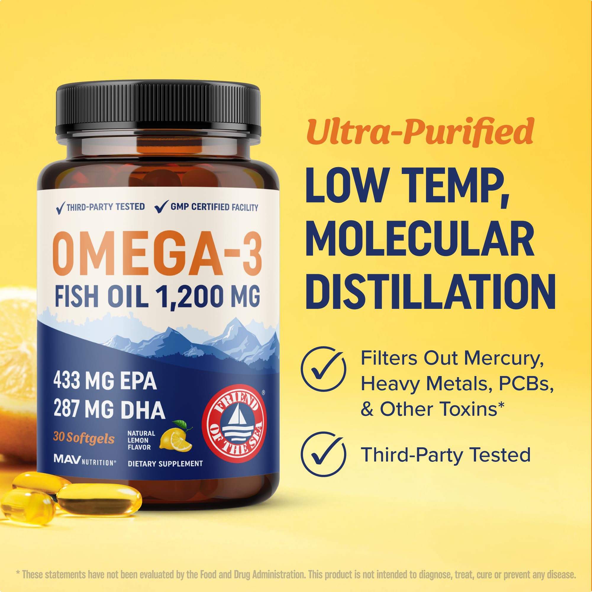 MAV Nutrition sustainably sourced label emphasizes eco-friendly omega-3 origins.