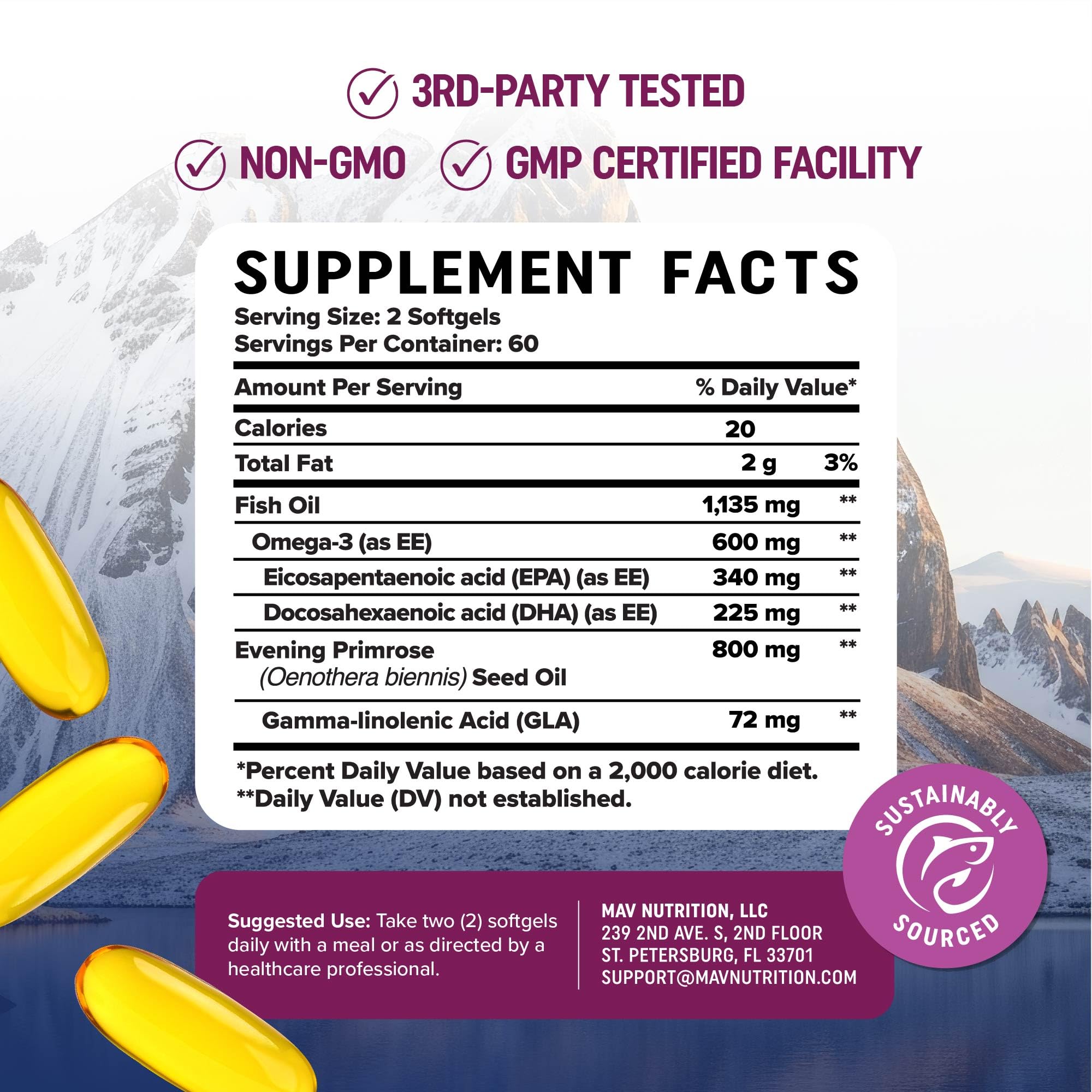 MAV NUTRITION third-party tested non-GMO omega-3 for women.
