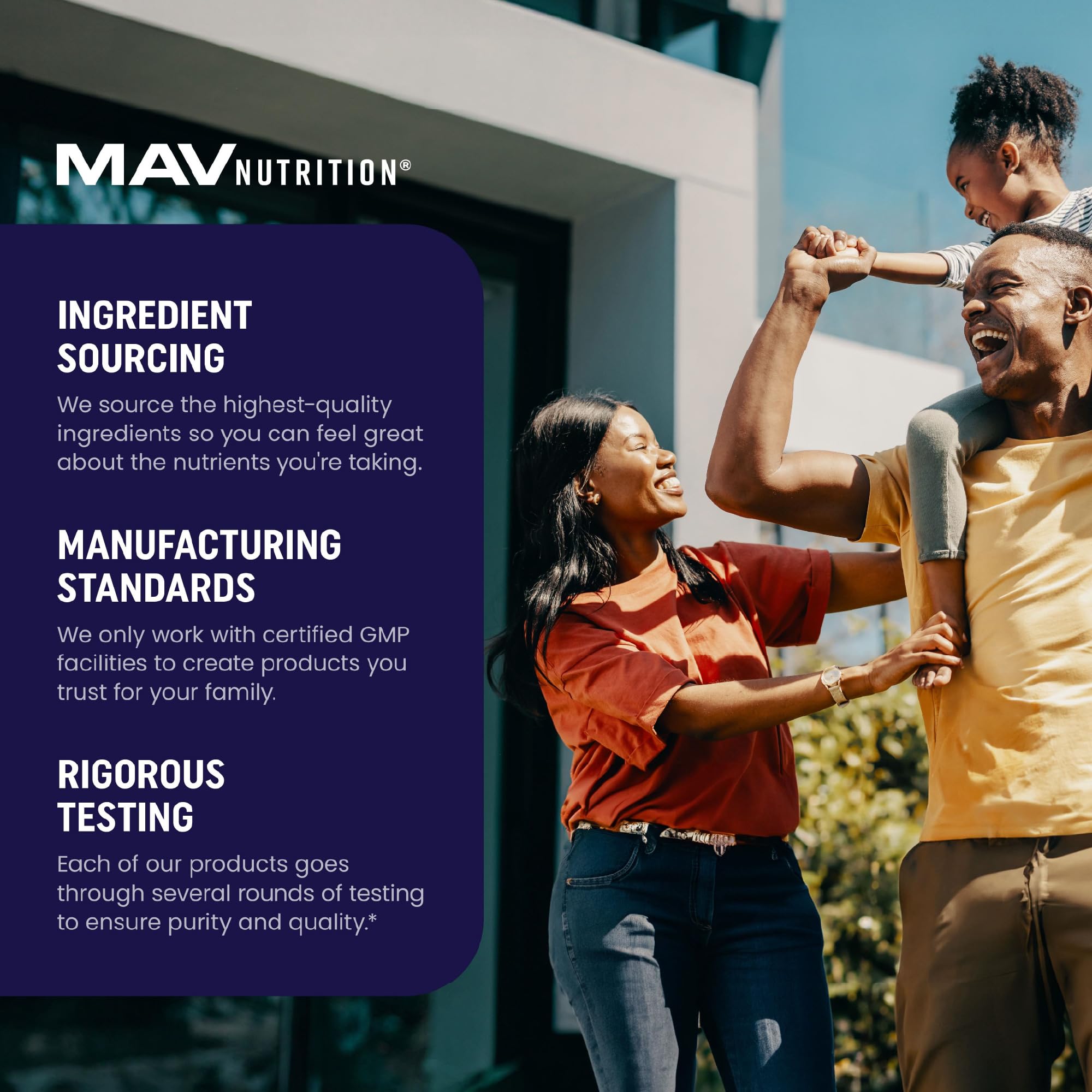 MAV Nutrition third-party testing seal on product box.