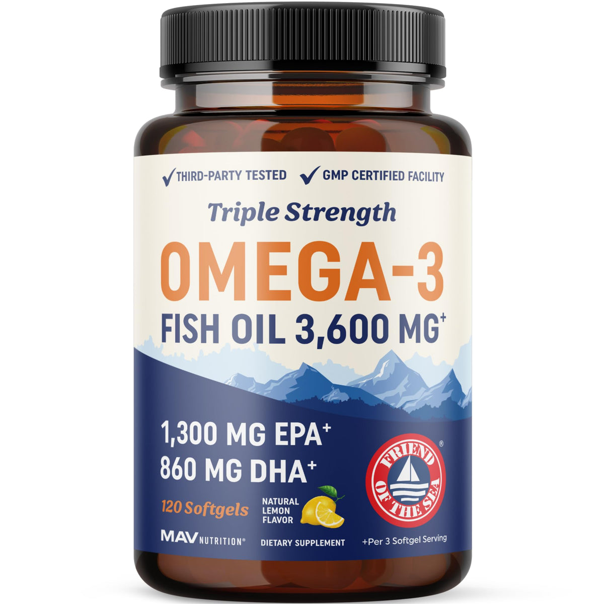 MAV Nutrition triple-strength DHA omega-3 bottle shows potent EPA and DHA per serving for daily use.