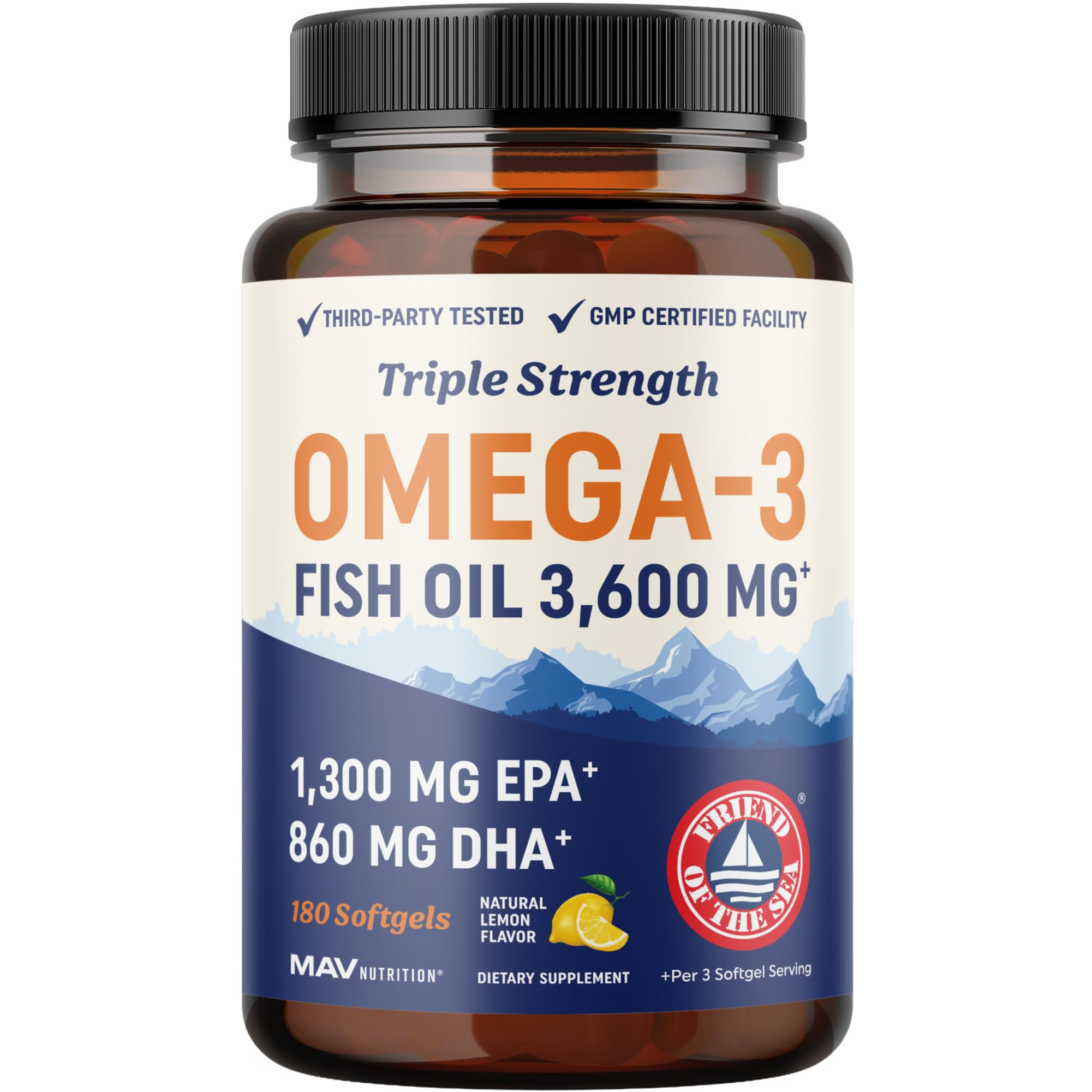 MAV Nutrition Triple Strength Omega-3 bottle with citrus softgels for easy daily intake.
