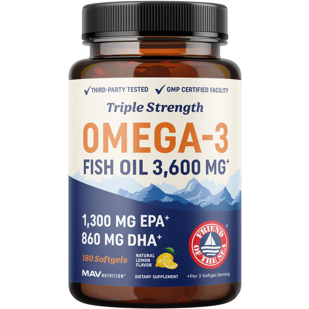 MAV Nutrition Triple Strength Omega-3 bottle with citrus softgels for easy daily intake.
