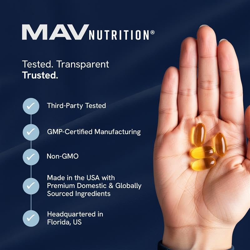 MAV Nutrition Vegan Omega-3 softgels close-up emphasizes smooth coating for swallowing.