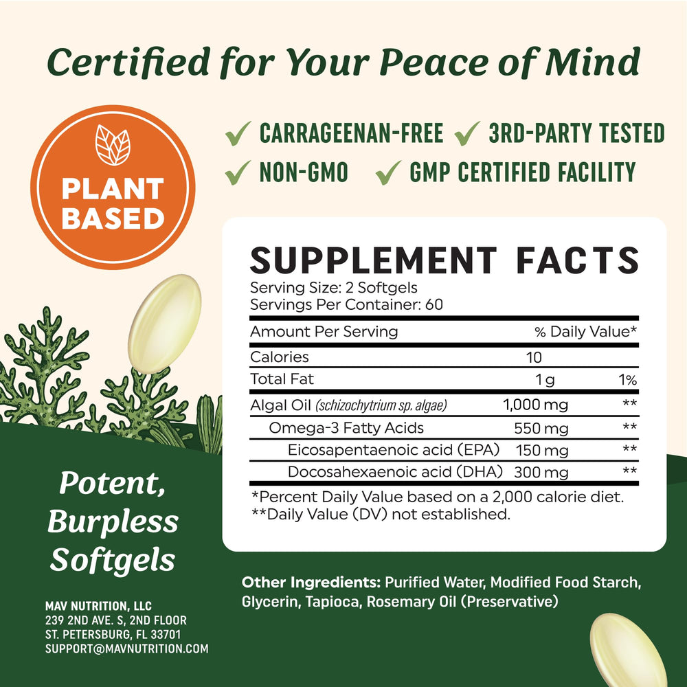 MAV Nutrition Vegan Omega-3 production in USA underscores quality and safety.