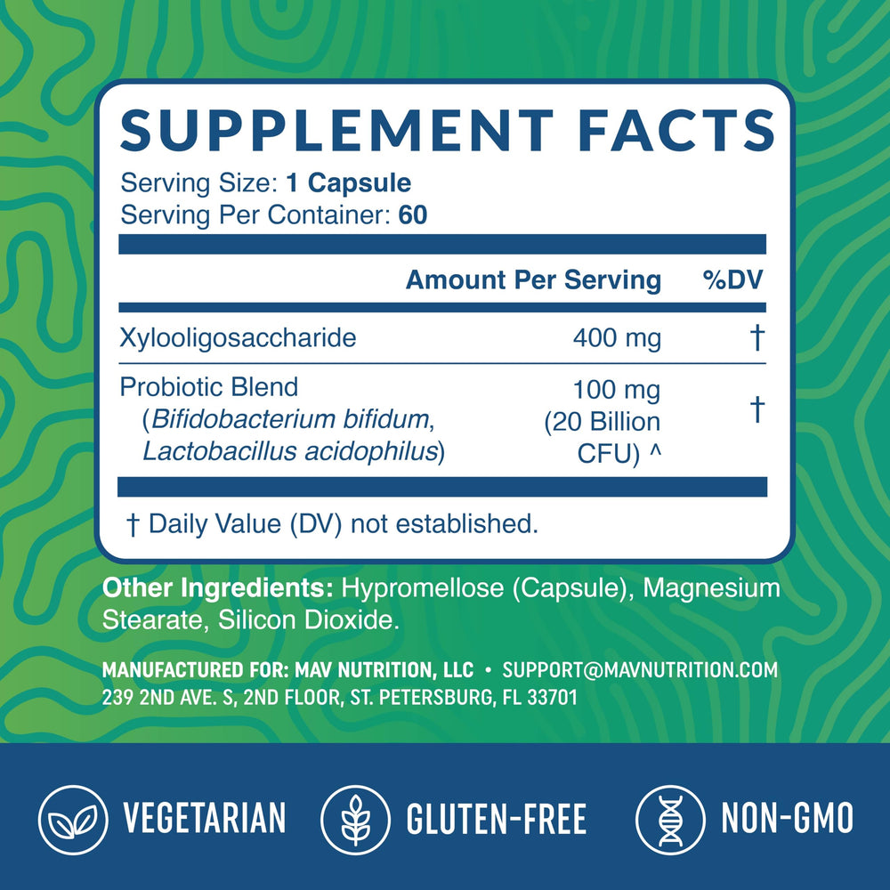 Vegetarian capsules with MAV NUTRITION branding on label.